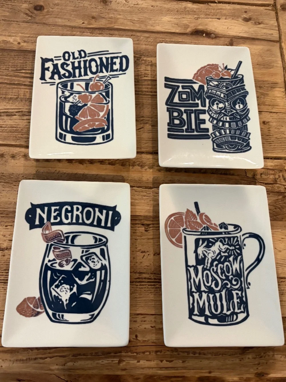 Crate & Barrel PLATES SET 4 MOSCOW MULE OLD FASHIONED ZOMBIE RECTANGLE 5 X 7